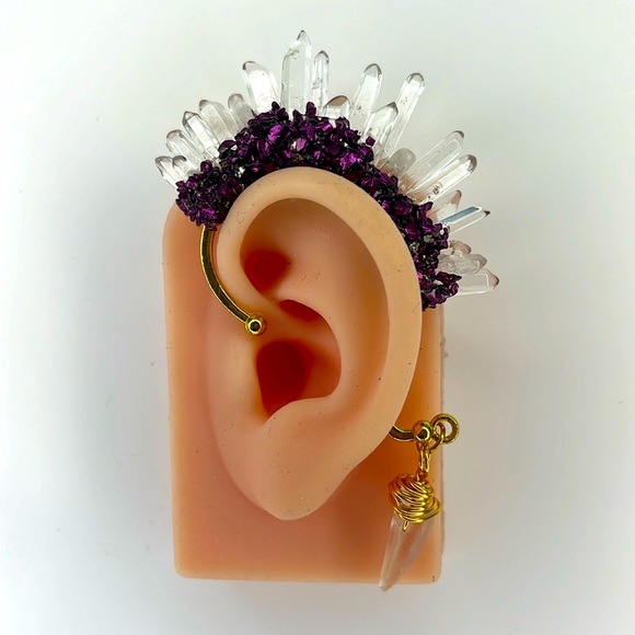 Jewelry - Quartz crystal ear cuff no pierce earring with metallic purple accents